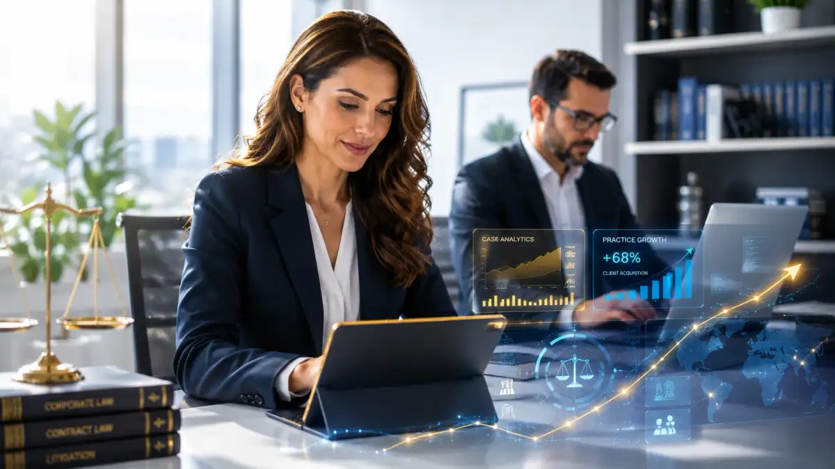 Professional lawyers collaborating with modern legal technology and artificial intelligence for law firm digital solutions