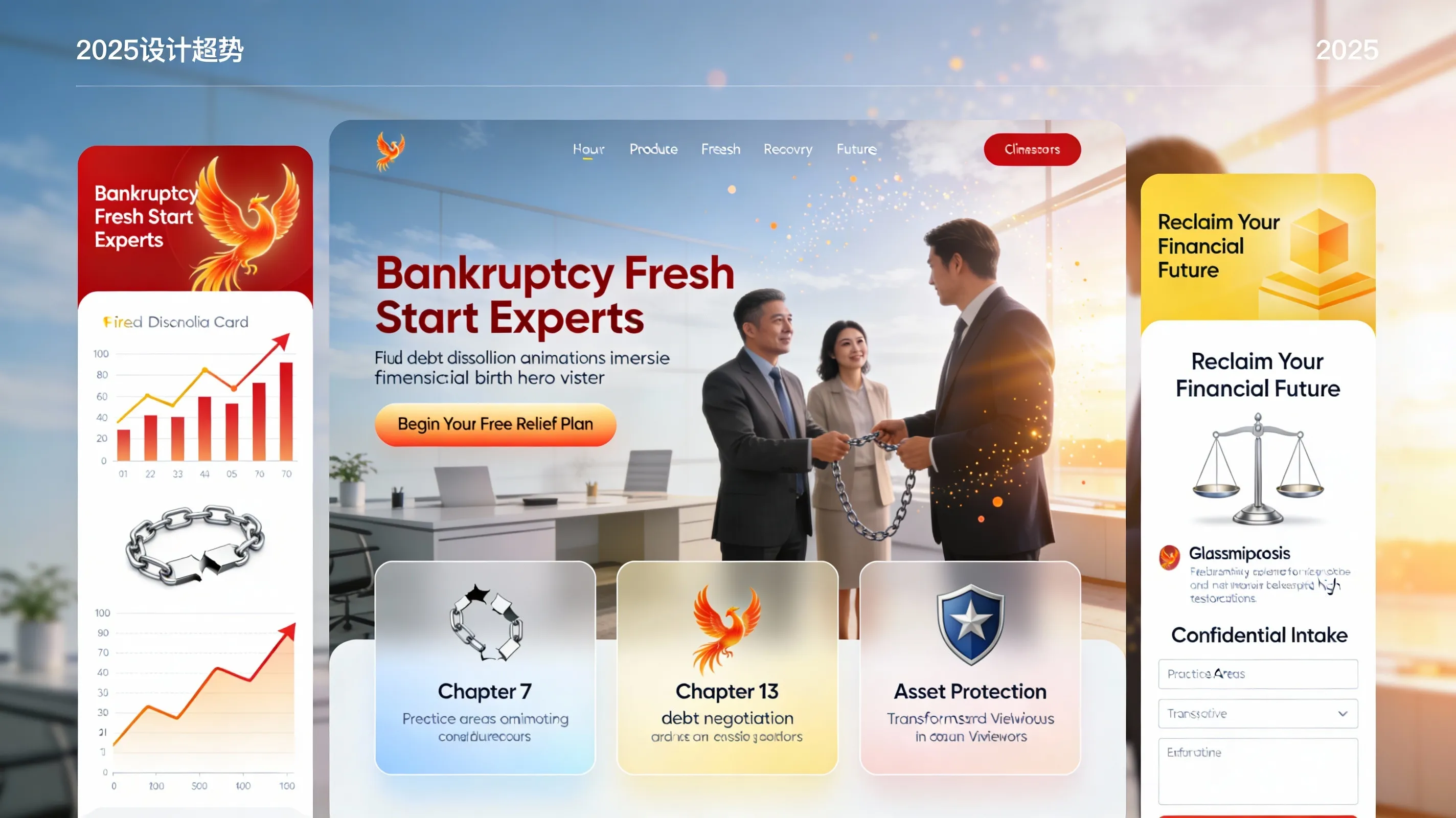 Bankruptcy lawyer website featuring Chapter 7 and Chapter 13 guides with debt relief calculators and attorney consultation forms