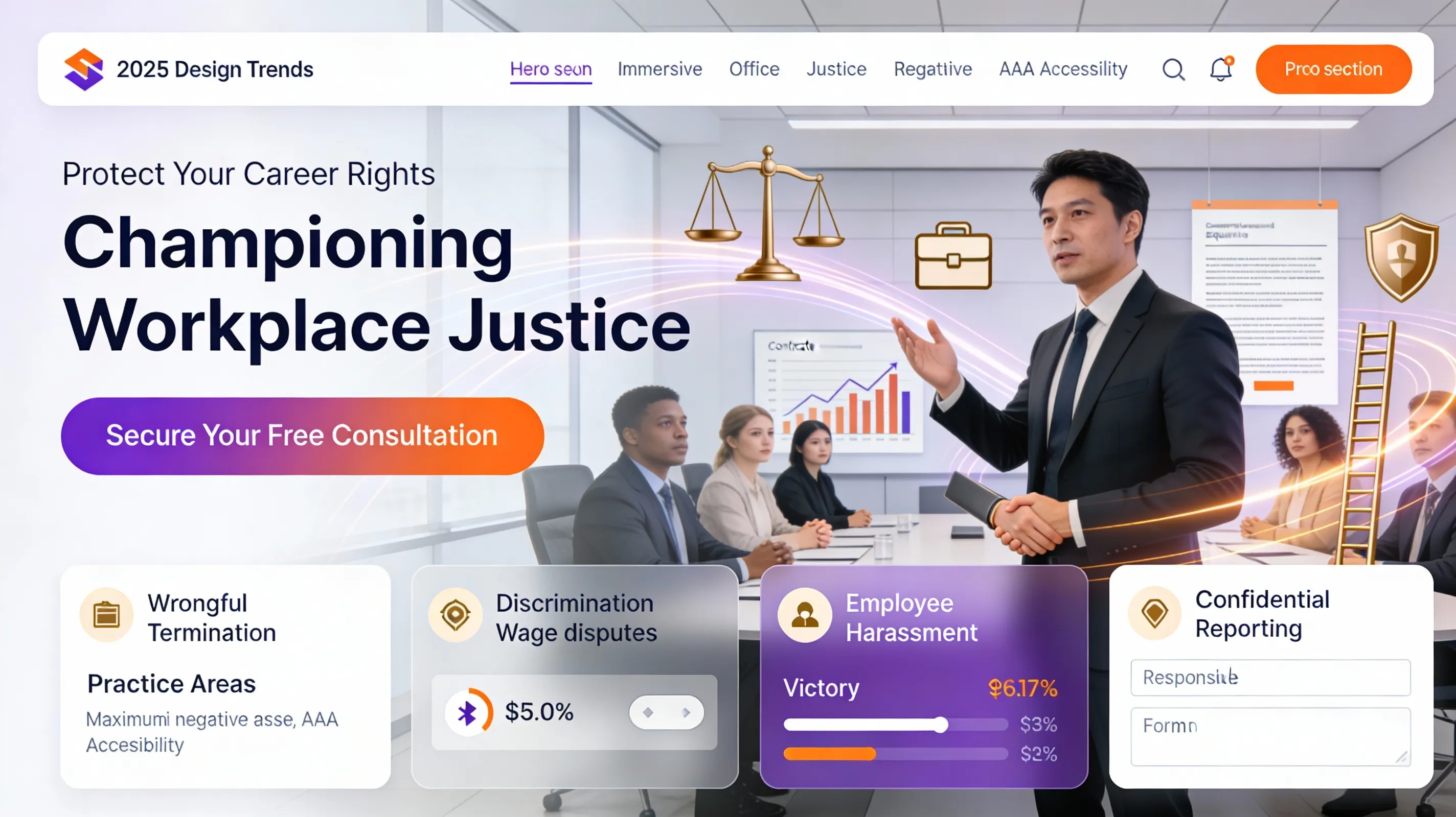 Employment law attorney website showcasing wrongful termination and discrimination claim handling with wage calculators and HR resources