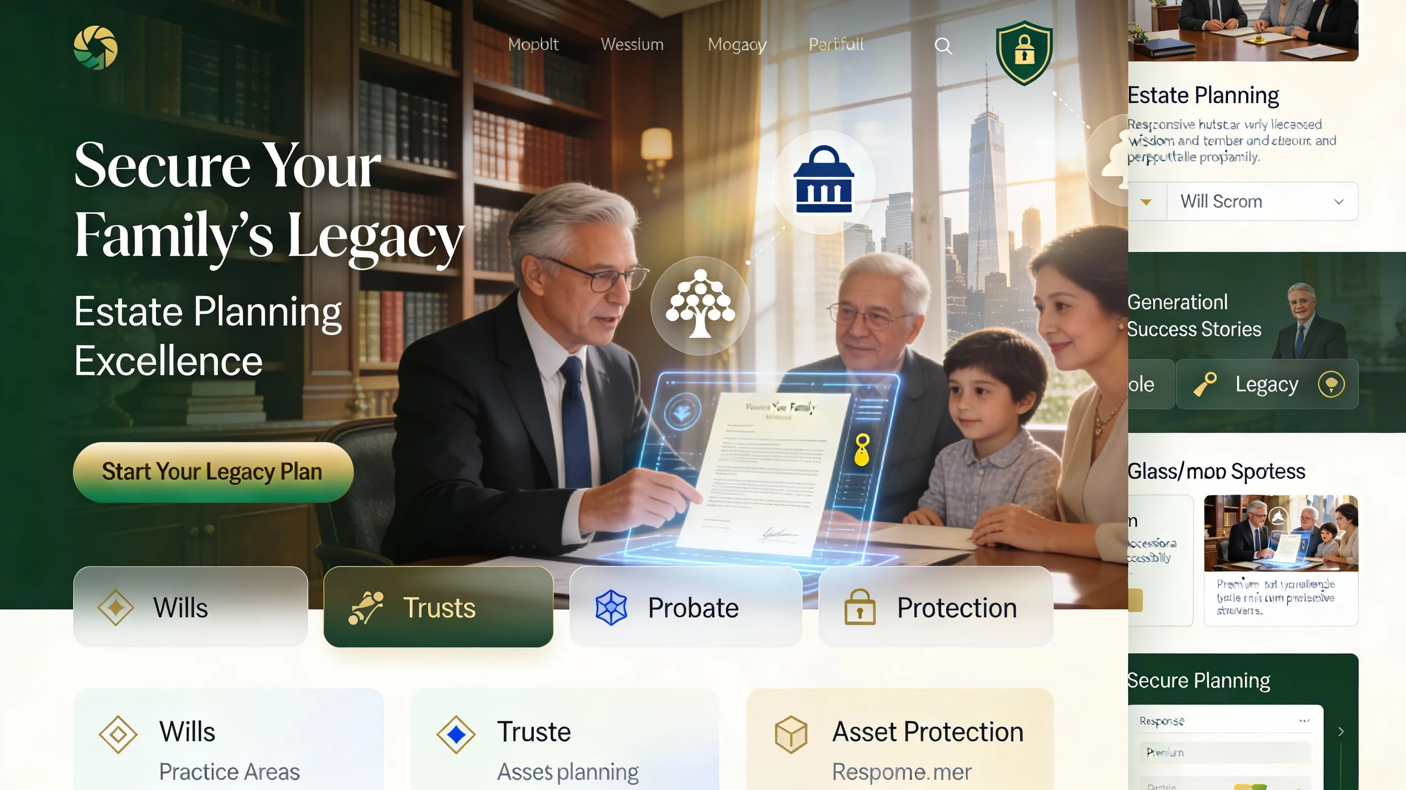 Estate planning lawyer website with will creation, trust management, and inheritance calculator tools for family legacy planning