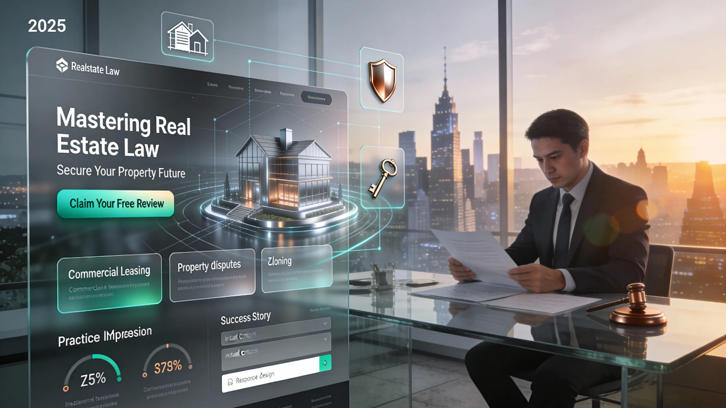 Real estate law firm website showcasing property transaction services with document portals and closing calculators for attorneys